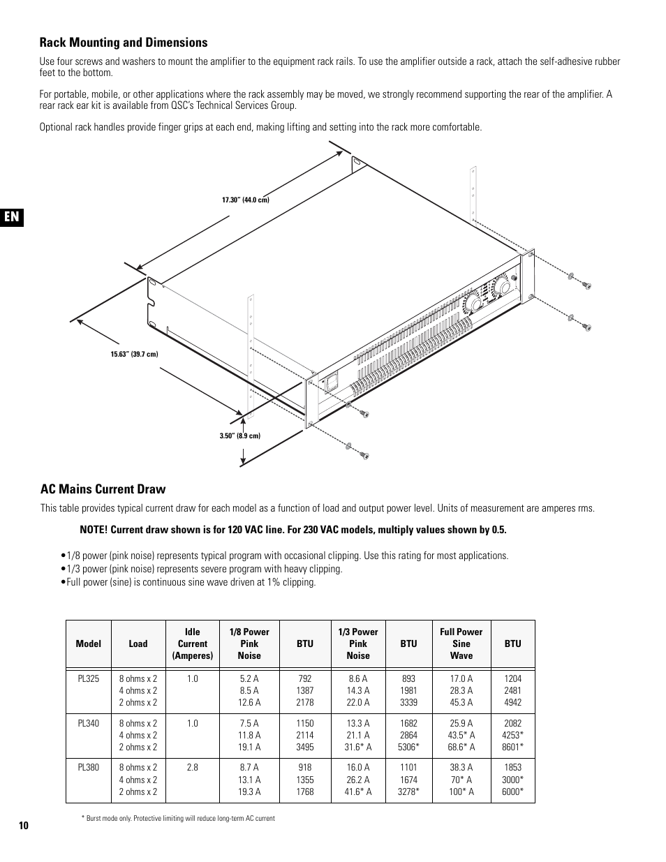 En es fr de ch, Ac mains current draw, Rack mounting and dimensions | QSC Audio PL325 User Manual | Page 10 / 60