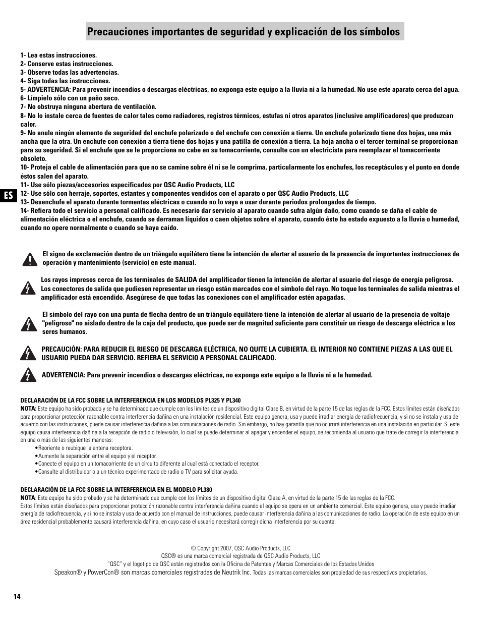 QSC Audio PL325 User Manual | Page 14 / 60