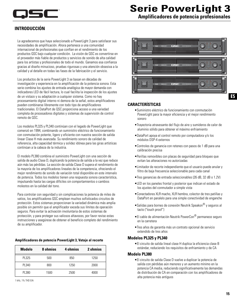 Serie powerlight 3, Amplificadores de potencia profesionales, Introducción | Características, Modelo pl380 | QSC Audio PL325 User Manual | Page 15 / 60
