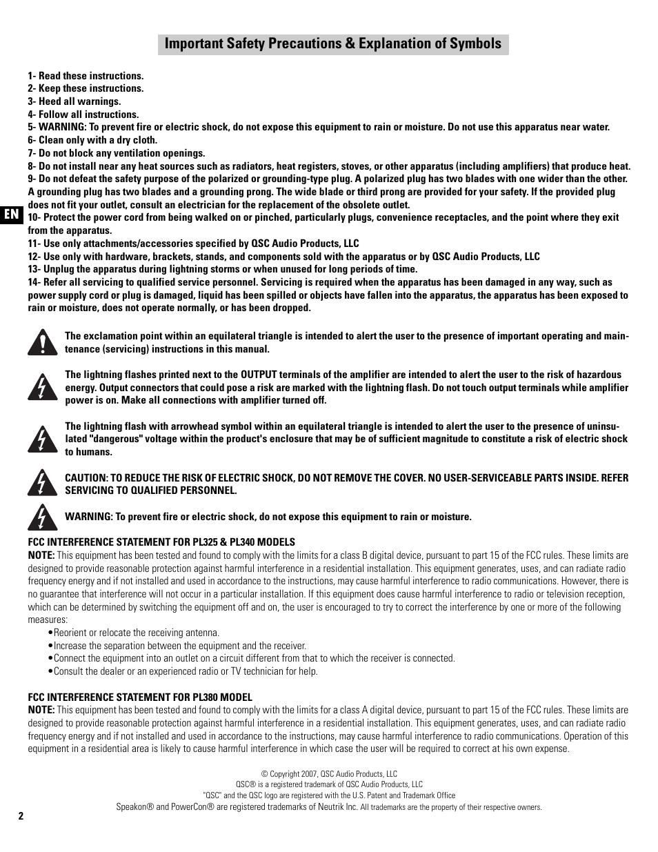 QSC Audio PL325 User Manual | Page 2 / 60