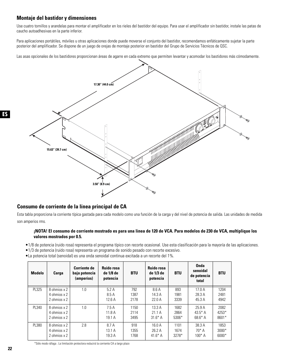 Consumo de corriente de la línea principal de ca, Montaje del bastidor y dimensiones | QSC Audio PL325 User Manual | Page 22 / 60