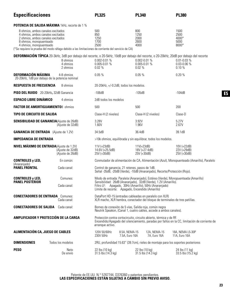 Es especificaciones | QSC Audio PL325 User Manual | Page 23 / 60