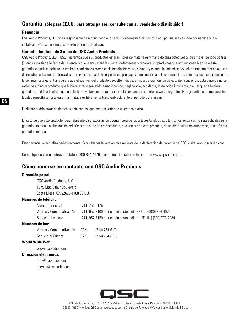 Garantía, Cómo ponerse en contacto con qsc audio products | QSC Audio PL325 User Manual | Page 24 / 60