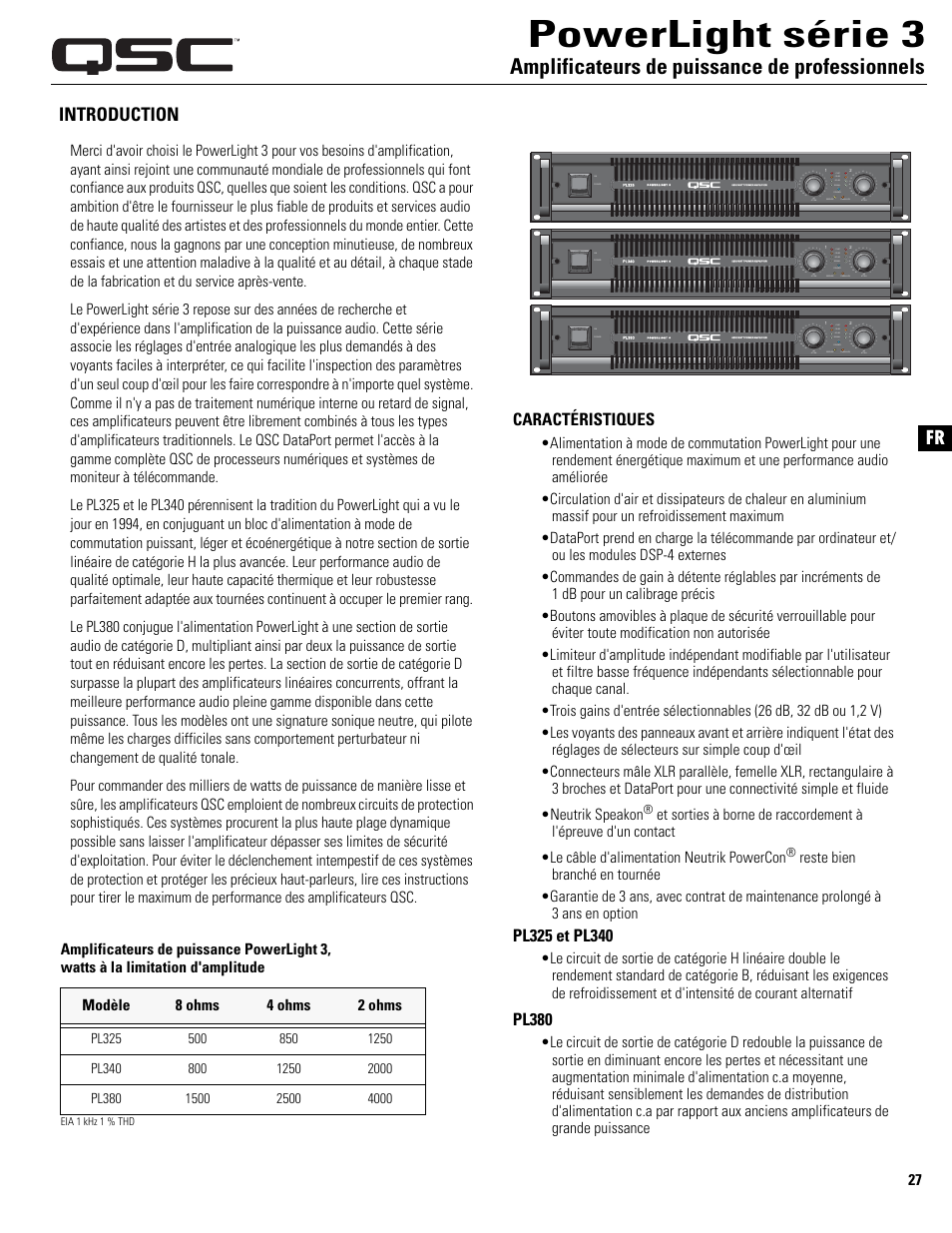 Powerlight série 3, Amplificateurs de puissance de professionnels, Introduction | QSC Audio PL325 User Manual | Page 27 / 60