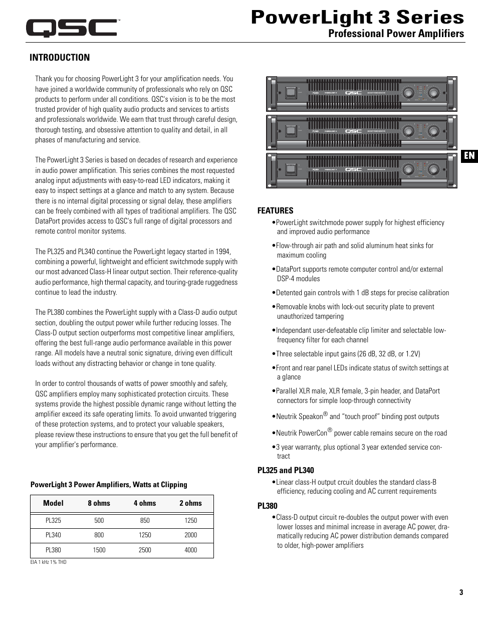 Powerlight 3 series, En es fr de ch, Professional power amplifiers | Introduction | QSC Audio PL325 User Manual | Page 3 / 60
