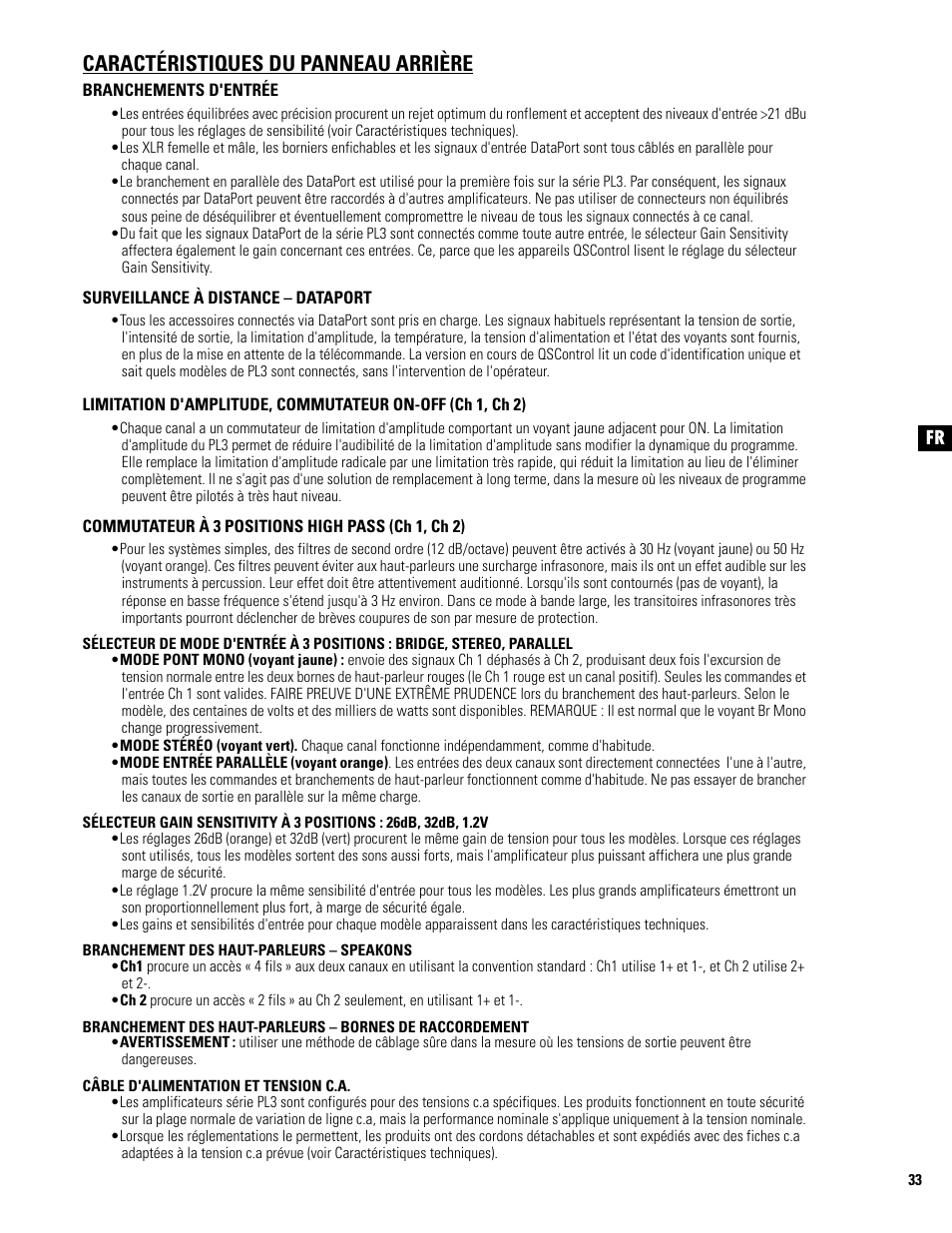 Fr caractéristiques du panneau arrière | QSC Audio PL325 User Manual | Page 33 / 60