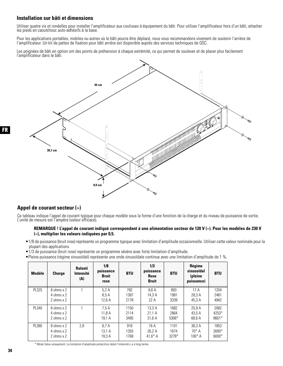 Appel de courant secteur (~), Installation sur bâti et dimensions | QSC Audio PL325 User Manual | Page 34 / 60