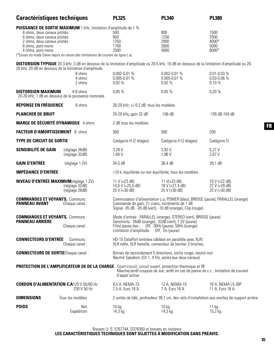 Fr caractéristiques techniques | QSC Audio PL325 User Manual | Page 35 / 60