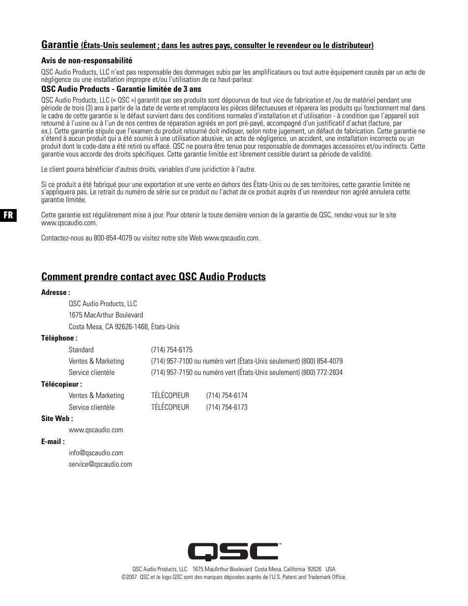 Garantie, Comment prendre contact avec qsc audio products | QSC Audio PL325 User Manual | Page 36 / 60