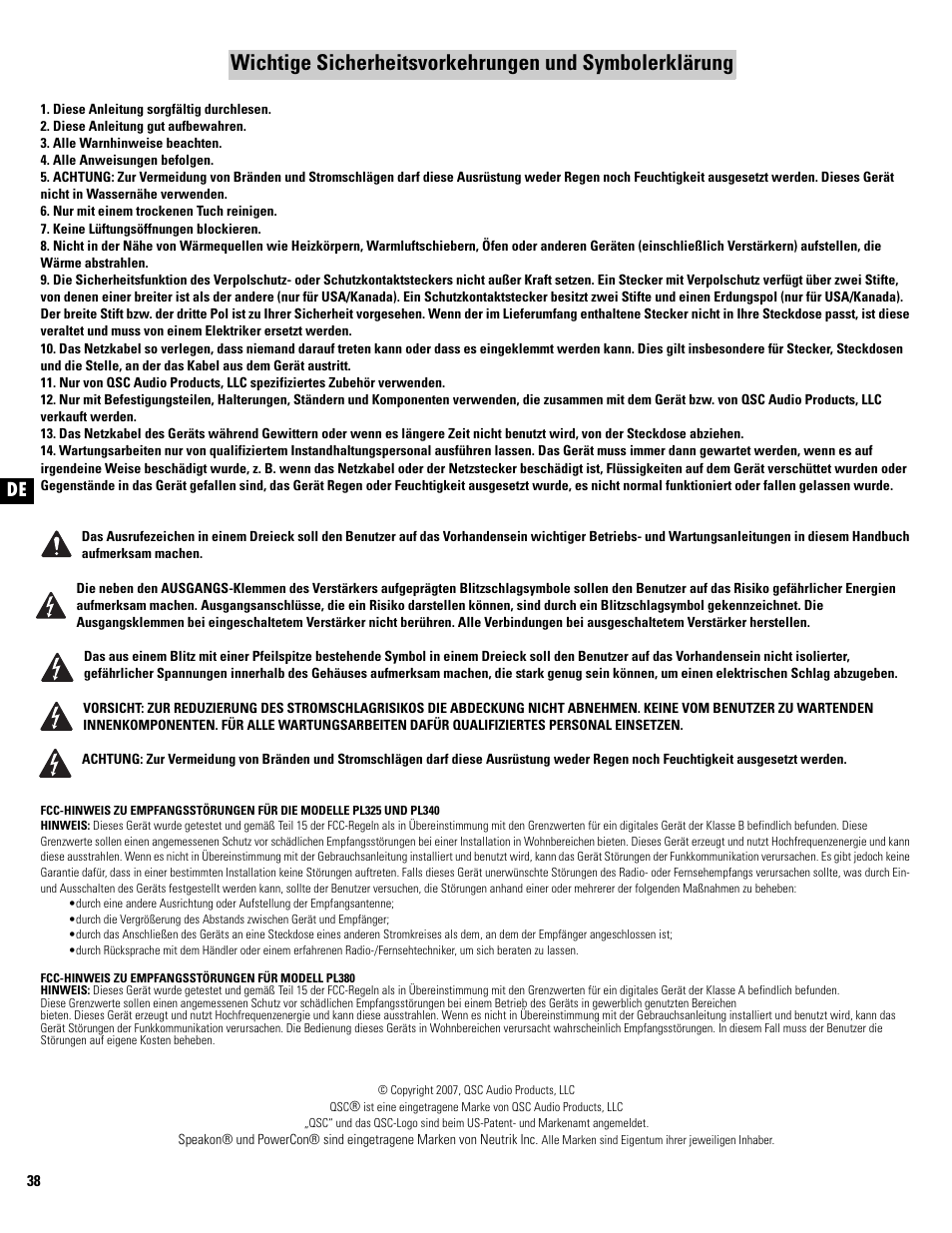 QSC Audio PL325 User Manual | Page 38 / 60