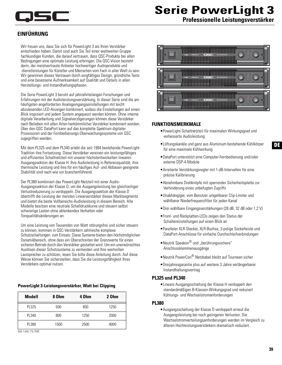 Serie powerlight 3, Professionelle leistungsverstärker, Einführung | Funktionsmerkmale, Pl380 | QSC Audio PL325 User Manual | Page 39 / 60
