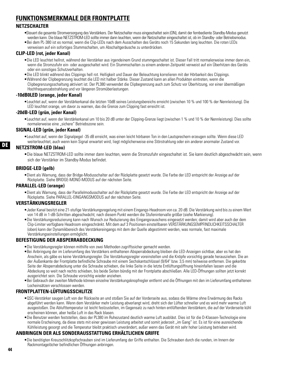 De funktionsmerkmale der frontplatte | QSC Audio PL325 User Manual | Page 44 / 60