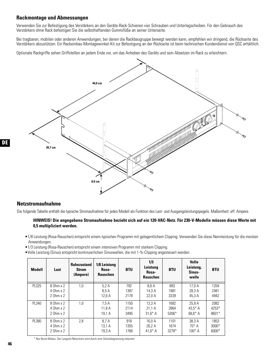 Netzstromaufnahme, Rackmontage und abmessungen | QSC Audio PL325 User Manual | Page 46 / 60