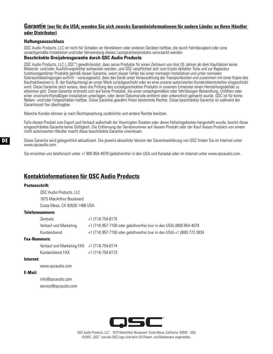 Garantie, Kontaktinformationen für qsc audio products | QSC Audio PL325 User Manual | Page 48 / 60