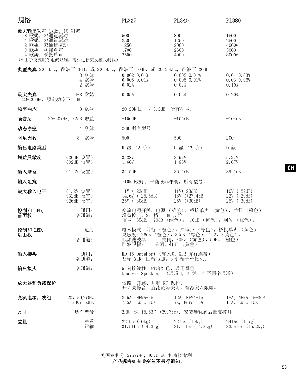 Ch 规格 | QSC Audio PL325 User Manual | Page 59 / 60