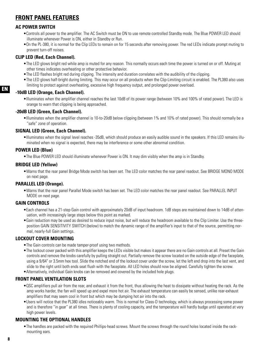 En es fr de ch front panel features | QSC Audio PL325 User Manual | Page 8 / 60