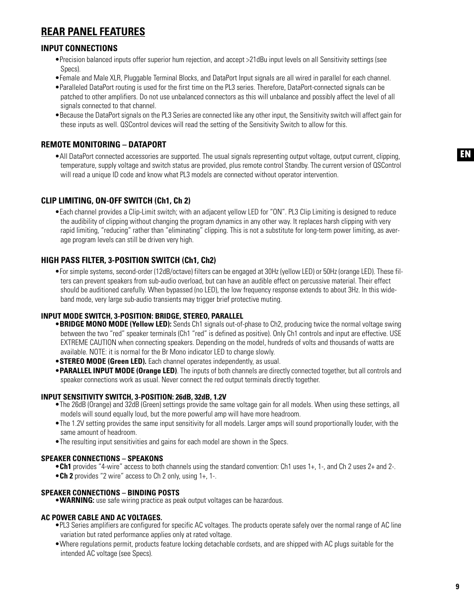 En es fr de ch rear panel features | QSC Audio PL325 User Manual | Page 9 / 60