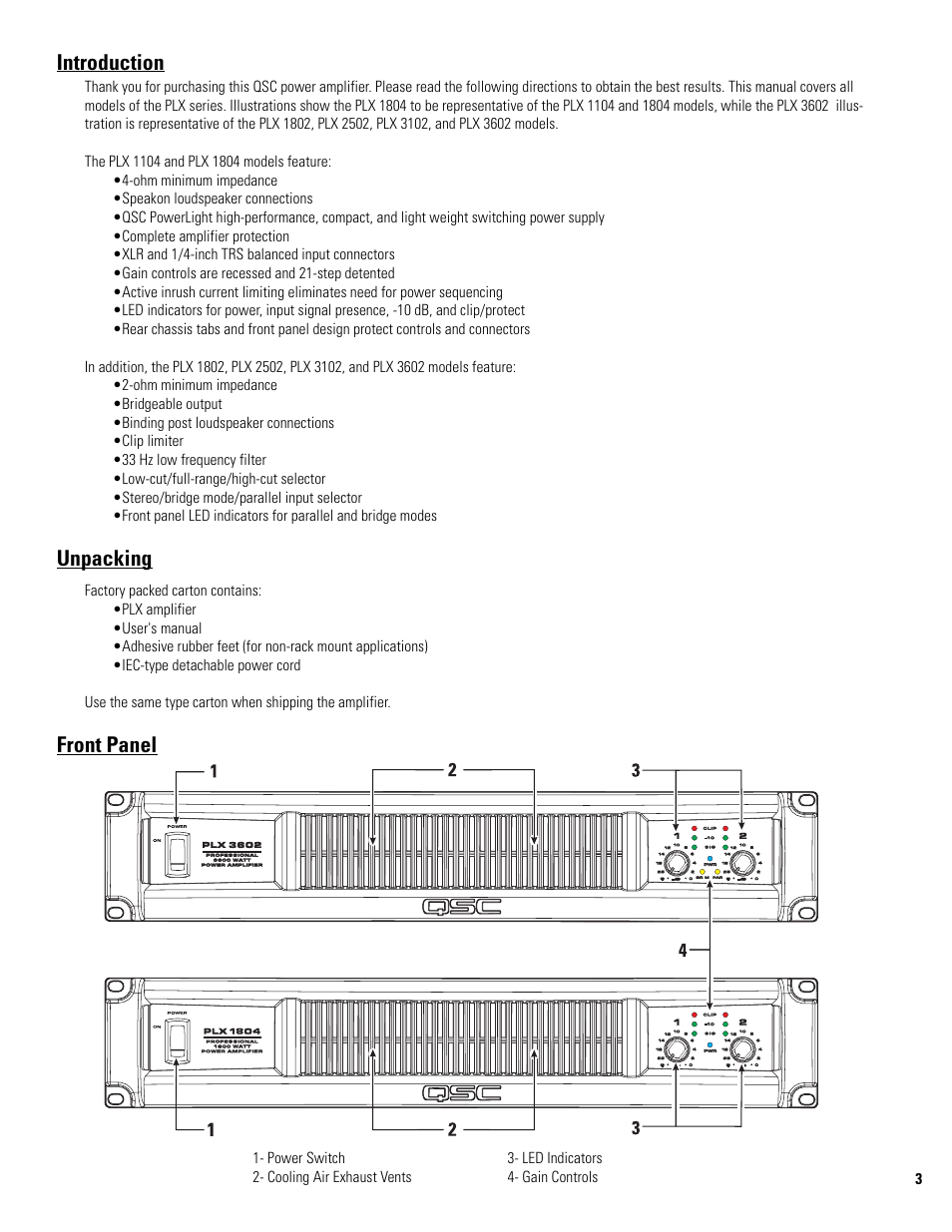 Introduction, Unpacking, Front panel | QSC Audio PLX 1804 User Manual | Page 3 / 16