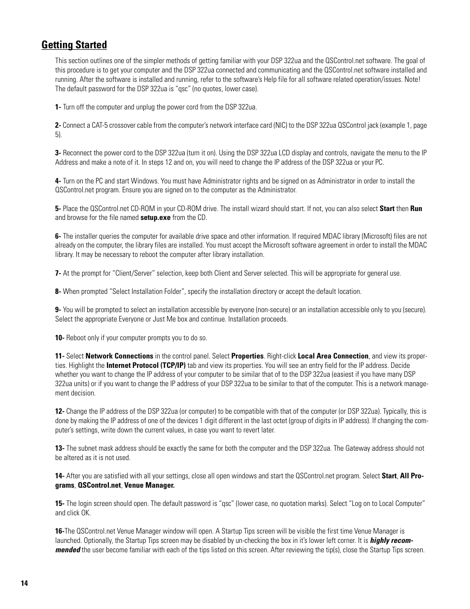 Getting started | QSC Audio 8X8 SIGNAL PROCESSOR DSP 322UA User Manual | Page 14 / 20