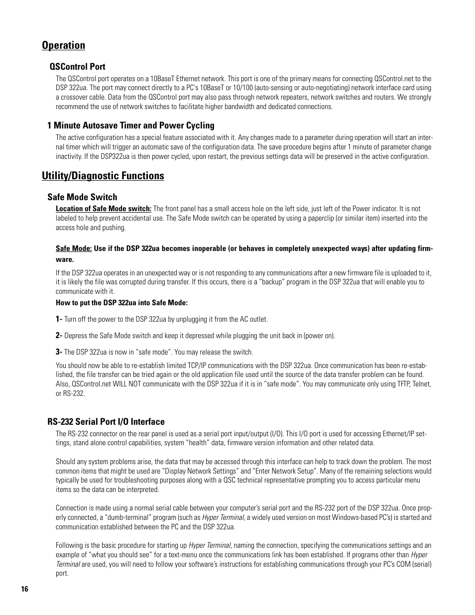 Operation, Utility/diagnostic functions | QSC Audio 8X8 SIGNAL PROCESSOR DSP 322UA User Manual | Page 16 / 20