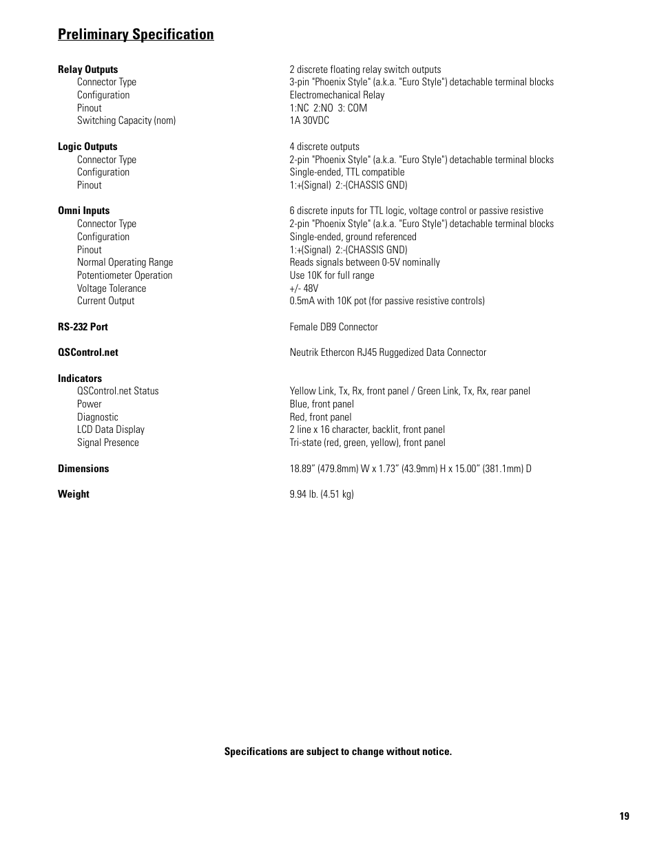 Preliminary specification | QSC Audio 8X8 SIGNAL PROCESSOR DSP 322UA User Manual | Page 19 / 20