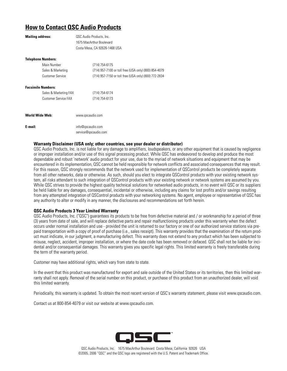 How to contact qsc audio products | QSC Audio 8X8 SIGNAL PROCESSOR DSP 322UA User Manual | Page 20 / 20