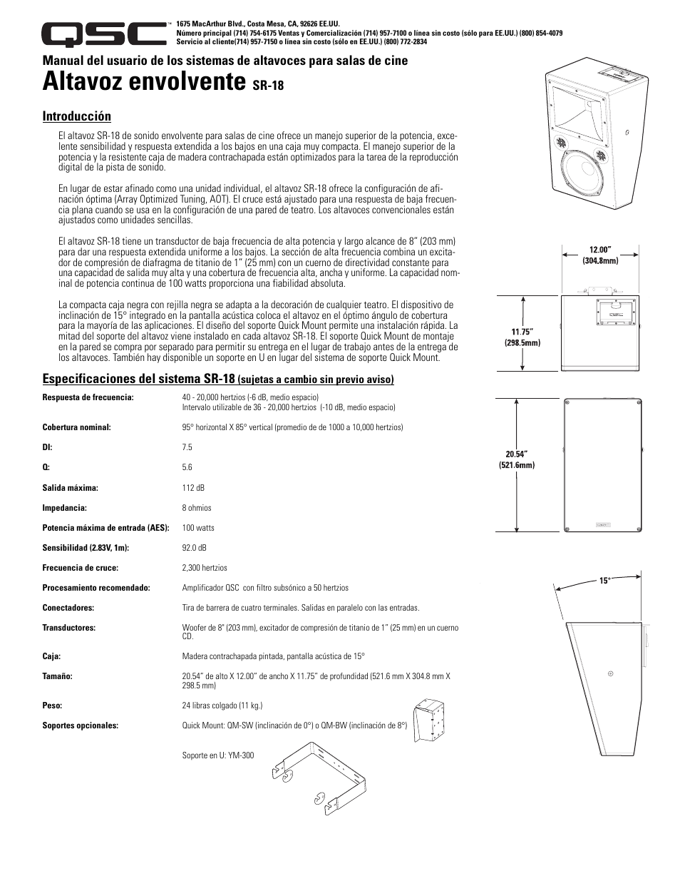 Altavoz envolvente, Sr-18 introducción, Especificaciones del sistema sr-18 | QSC Audio SR-18 User Manual | Page 3 / 10