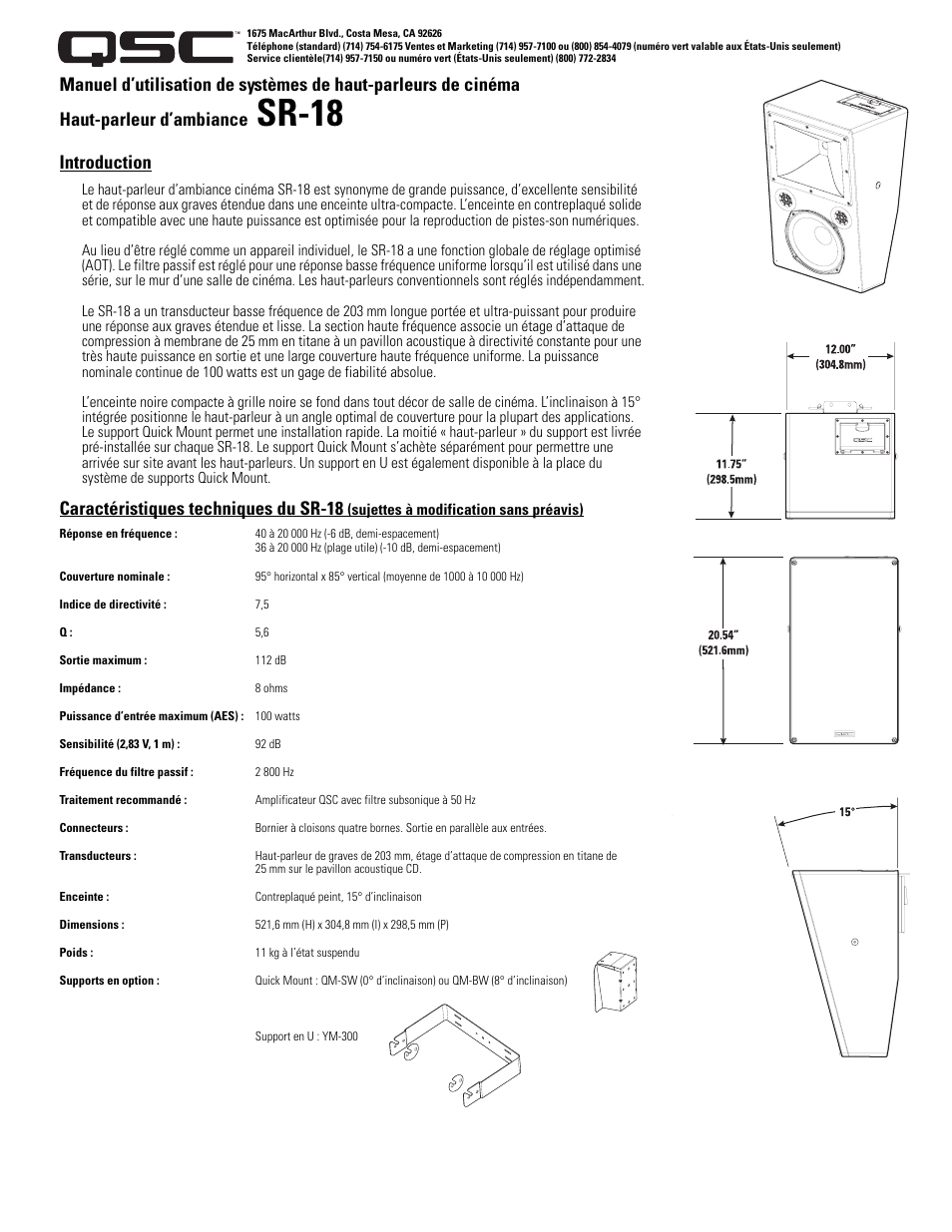 Sr-18, Introduction, Caractéristiques techniques du sr-18 | QSC Audio SR-18 User Manual | Page 5 / 10