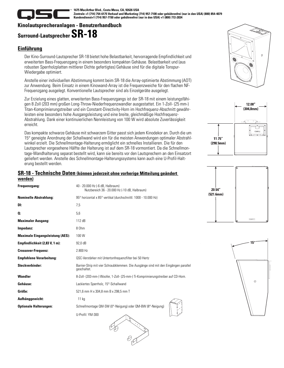 Sr-18, Einführung, Sr-18 - technische daten | QSC Audio SR-18 User Manual | Page 7 / 10