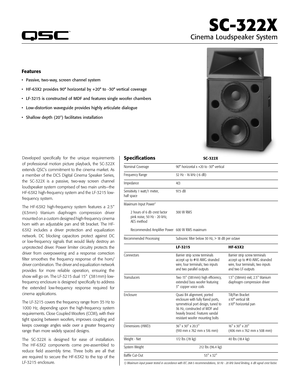 Sc-322x, Cinema loudspeaker system | QSC Audio SC-322X User Manual | Page 3 / 27