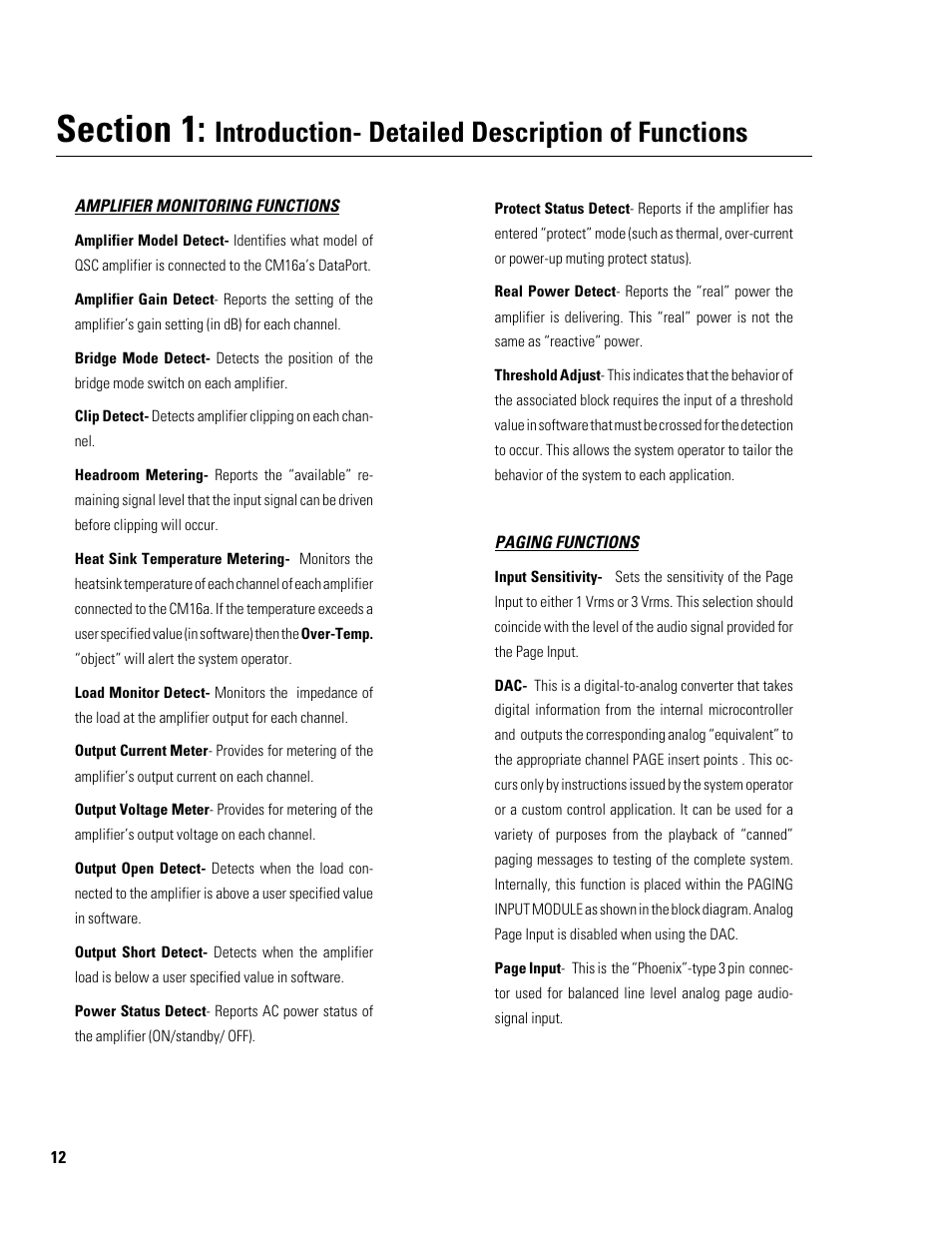Introduction- detailed description of functions | QSC Audio CM16a User Manual | Page 12 / 40