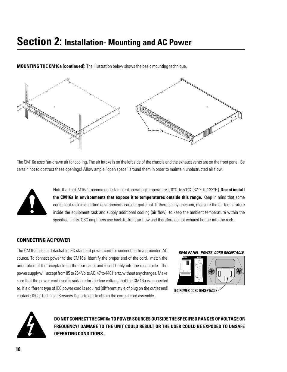 Installation- mounting and ac power | QSC Audio CM16a User Manual | Page 18 / 40