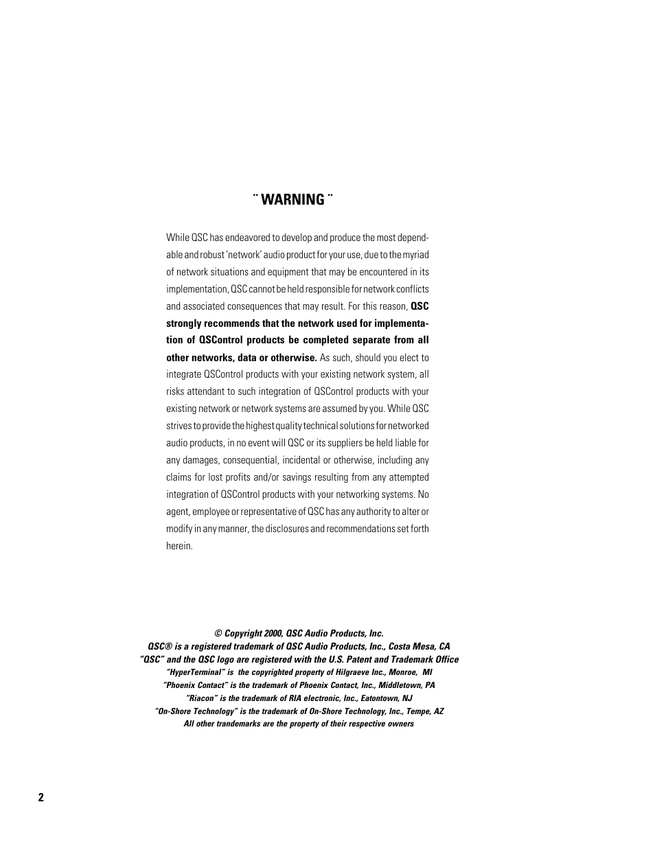Warning | QSC Audio CM16a User Manual | Page 2 / 40