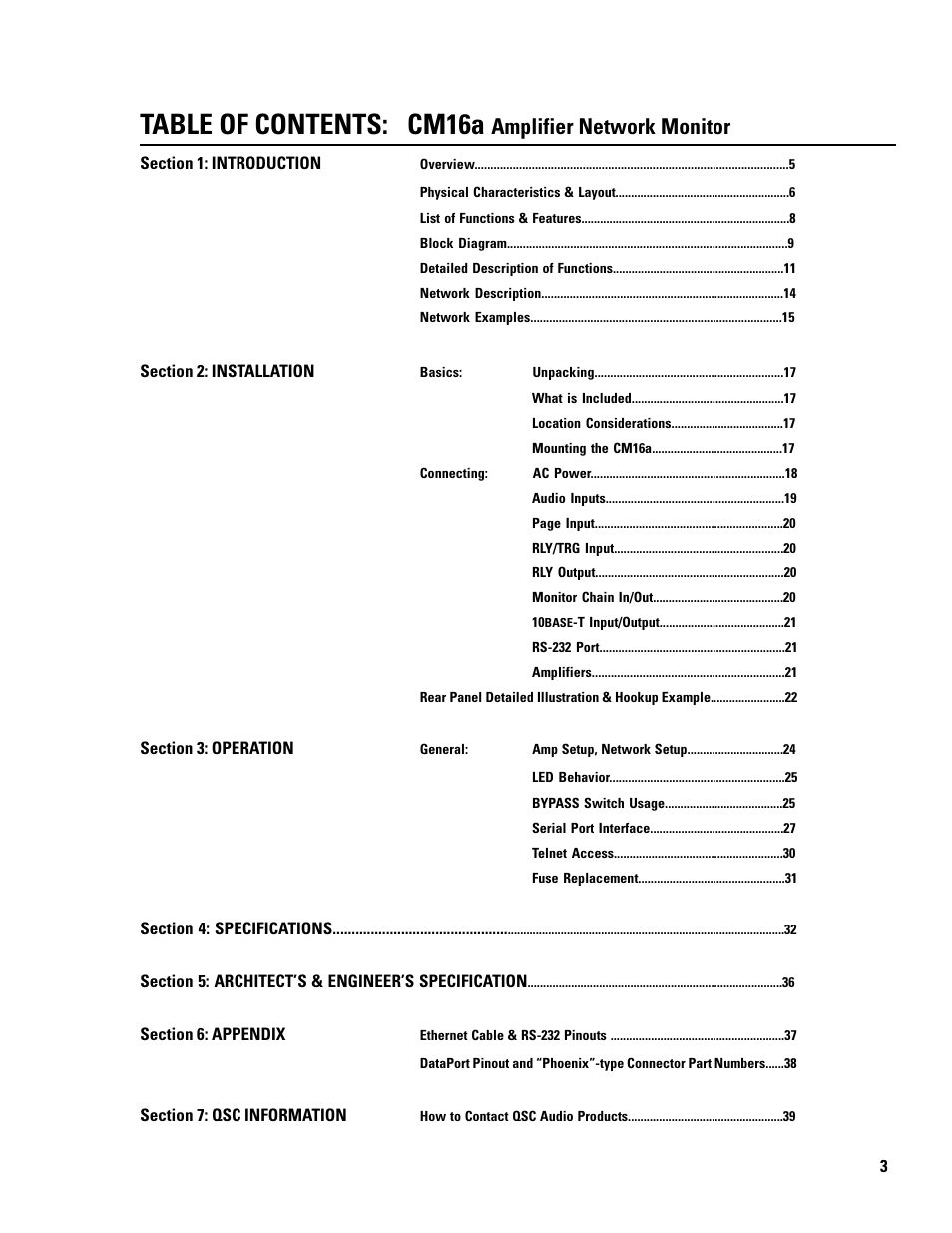 Table of contents: cm16a, Amplifier network monitor | QSC Audio CM16a User Manual | Page 3 / 40