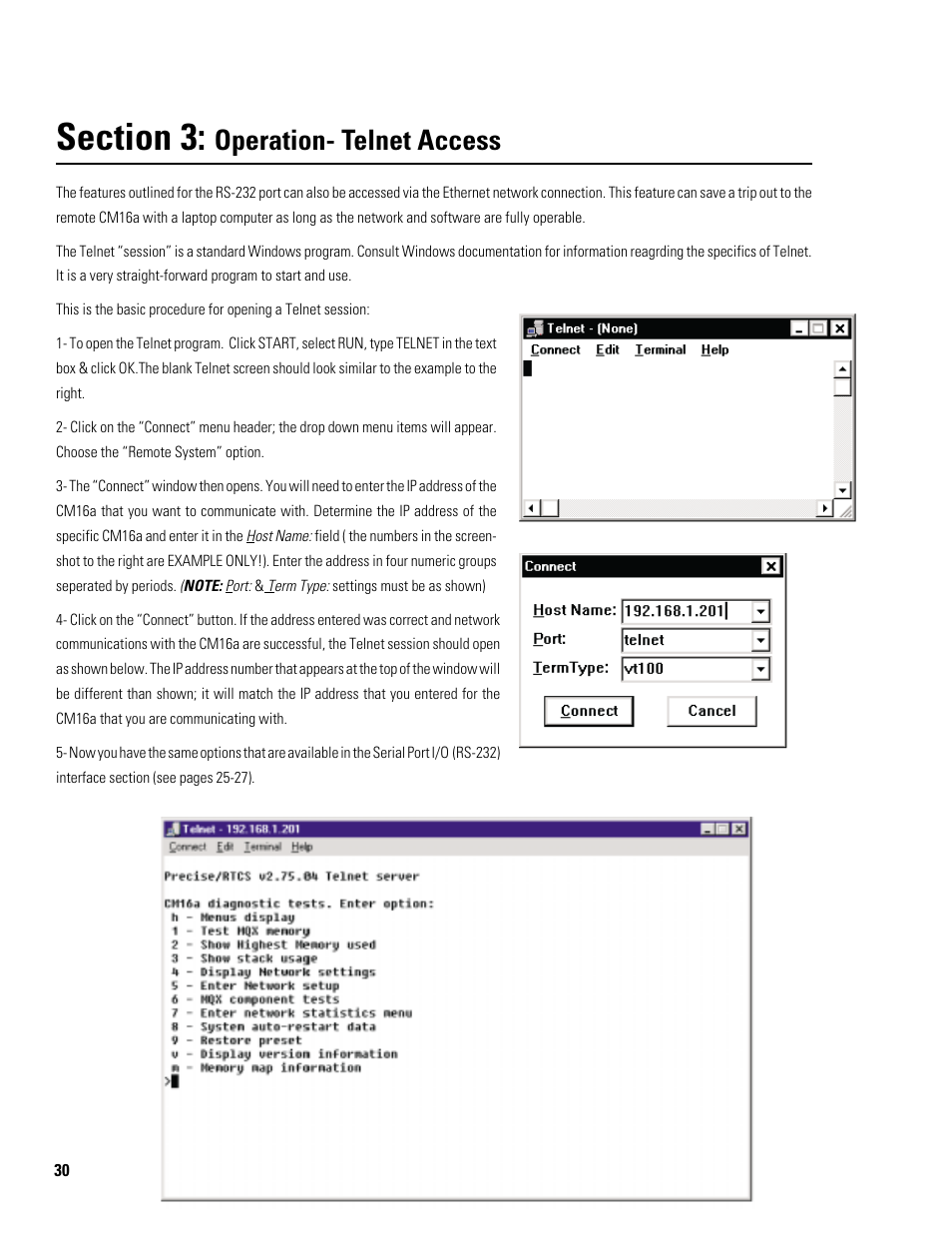Operation- telnet access | QSC Audio CM16a User Manual | Page 30 / 40