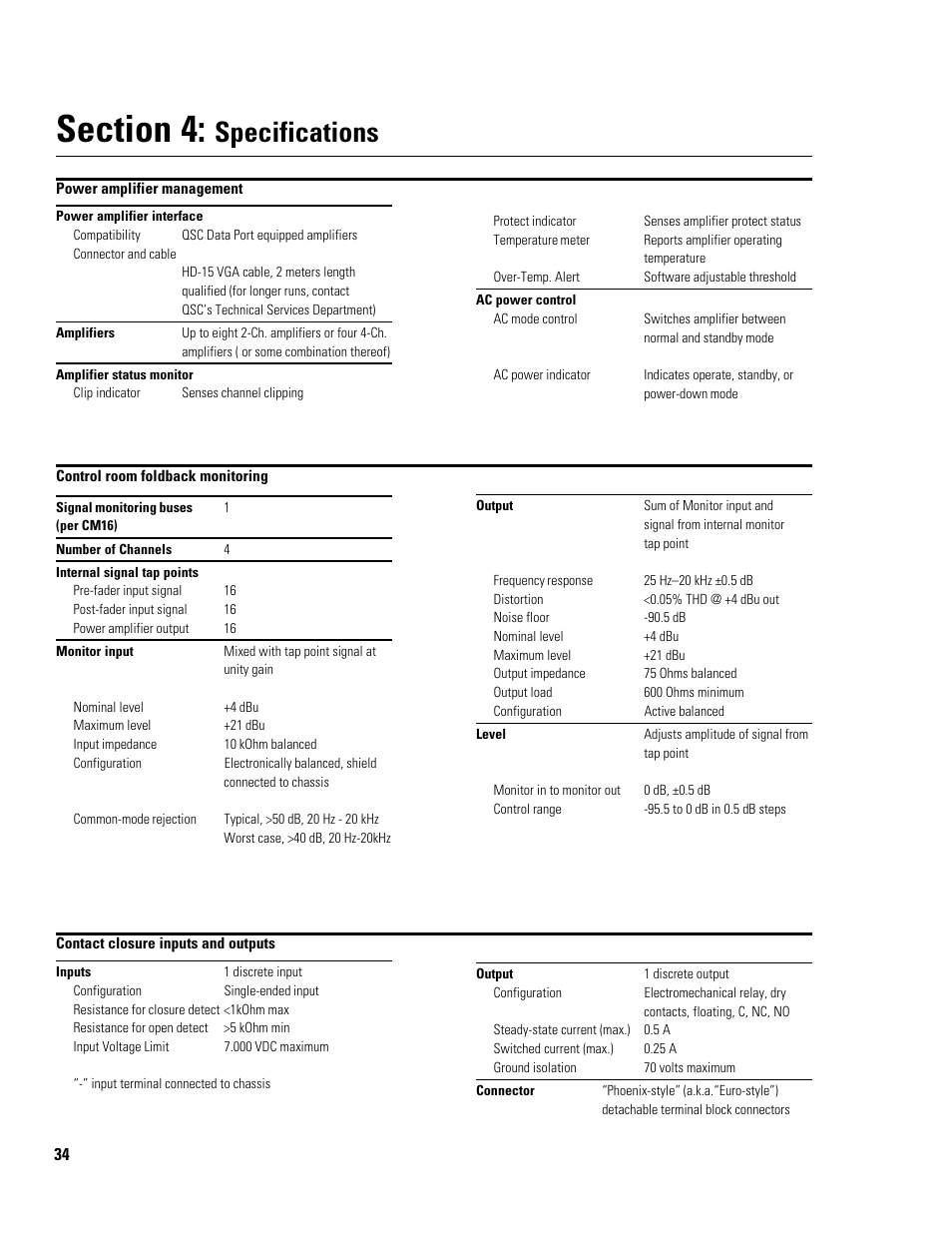 Specifications | QSC Audio CM16a User Manual | Page 34 / 40