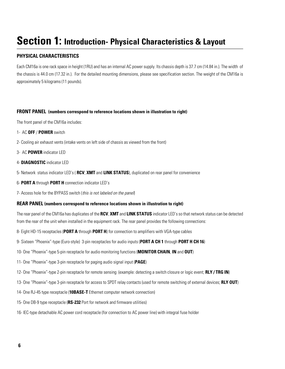 Introduction- physical characteristics & layout | QSC Audio CM16a User Manual | Page 6 / 40