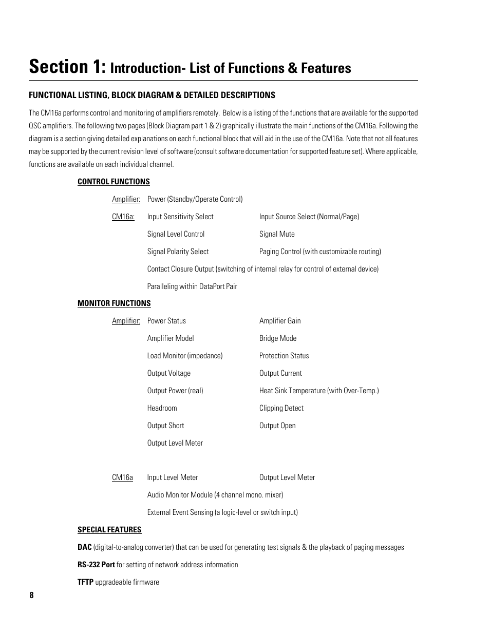 Introduction- list of functions & features | QSC Audio CM16a User Manual | Page 8 / 40
