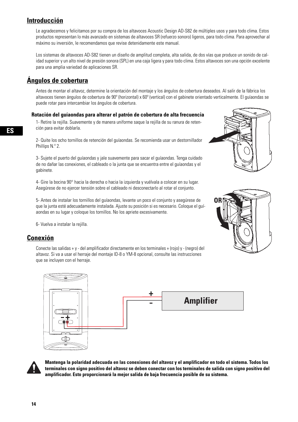 Introducción, Ángulos de cobertura, Conexión | QSC Audio AD-S82H User Manual | Page 14 / 44