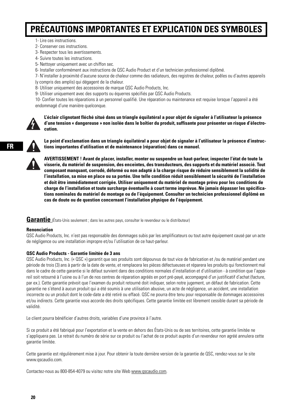 Garantie | QSC Audio AD-S82H User Manual | Page 20 / 44