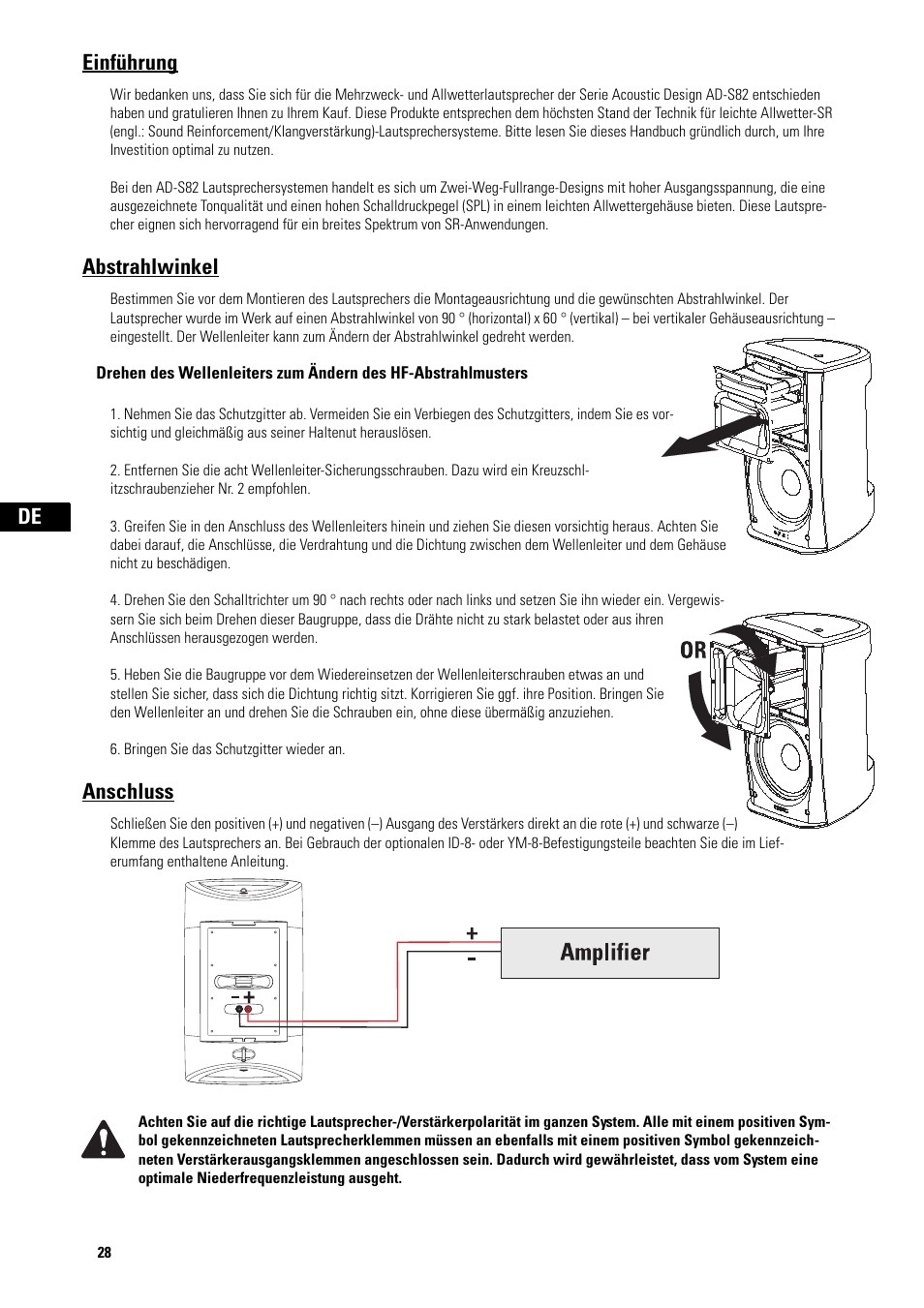 Einführung, Abstrahlwinkel, Anschluss | QSC Audio AD-S82H User Manual | Page 28 / 44