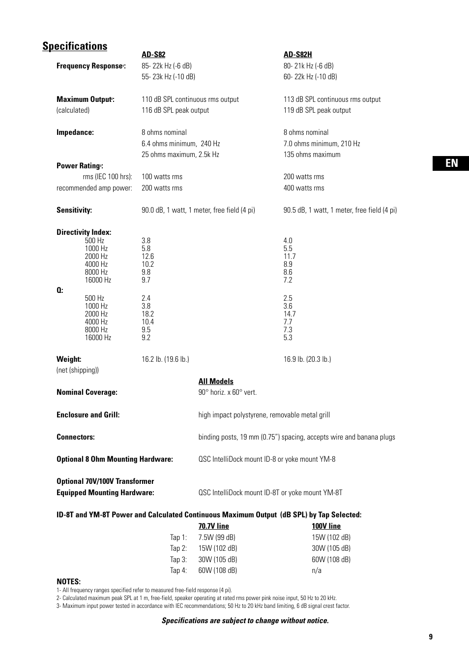 Specifications | QSC Audio AD-S82H User Manual | Page 9 / 44