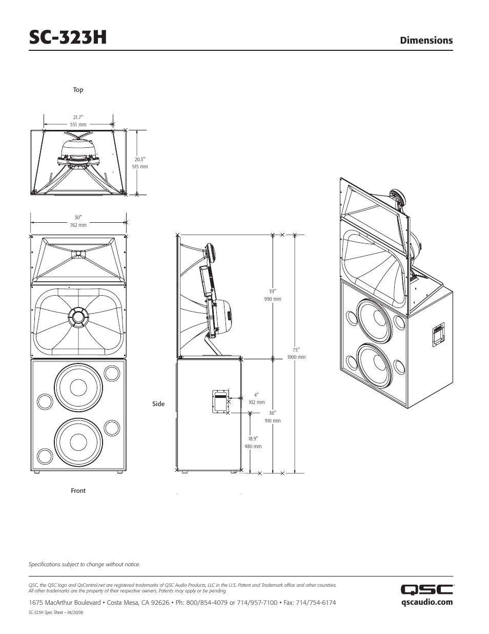Sc-323h, Dimensions | QSC Audio SC-323H User Manual | Page 2 / 2