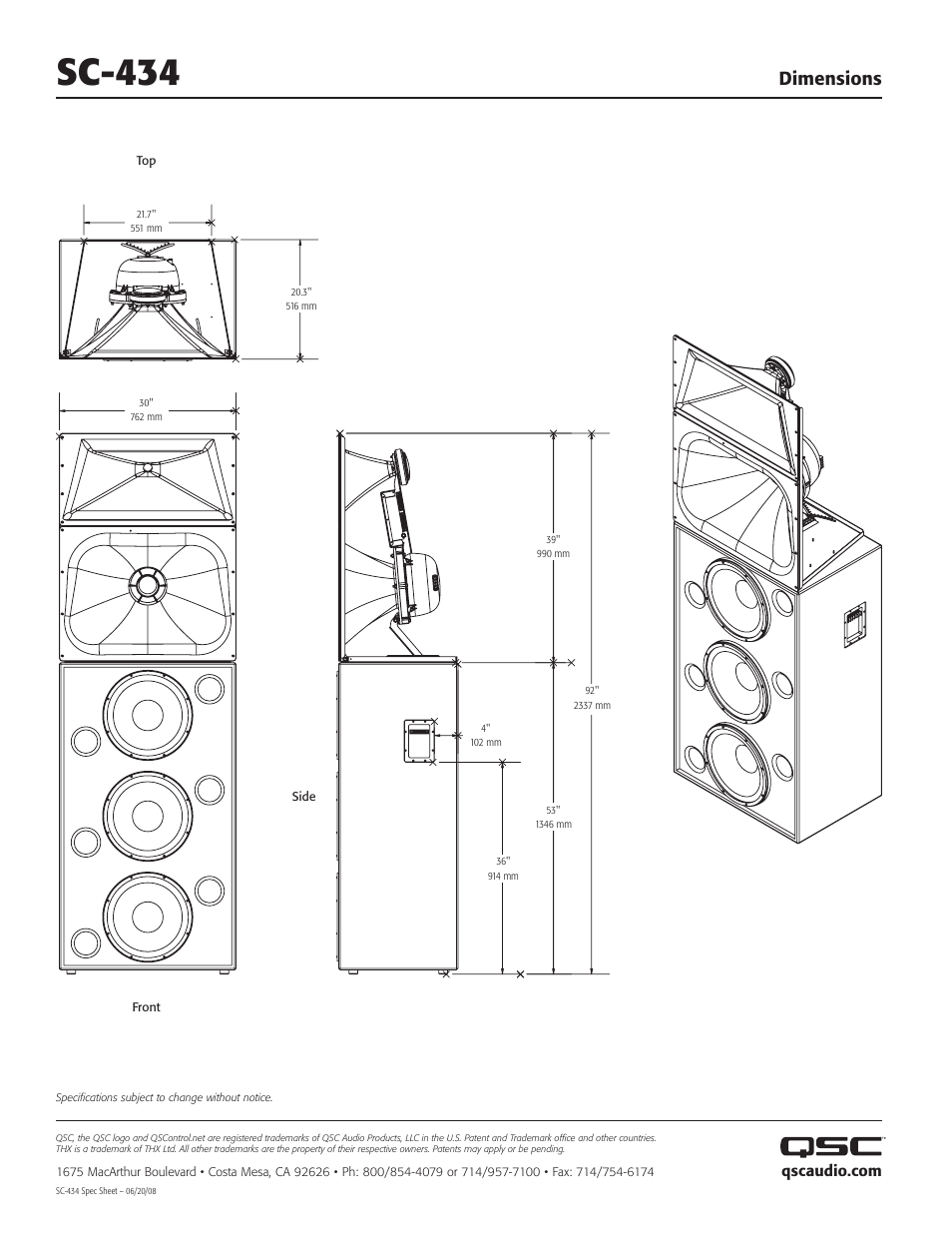Sc-434, Dimensions | QSC Audio SC-434 User Manual | Page 2 / 2