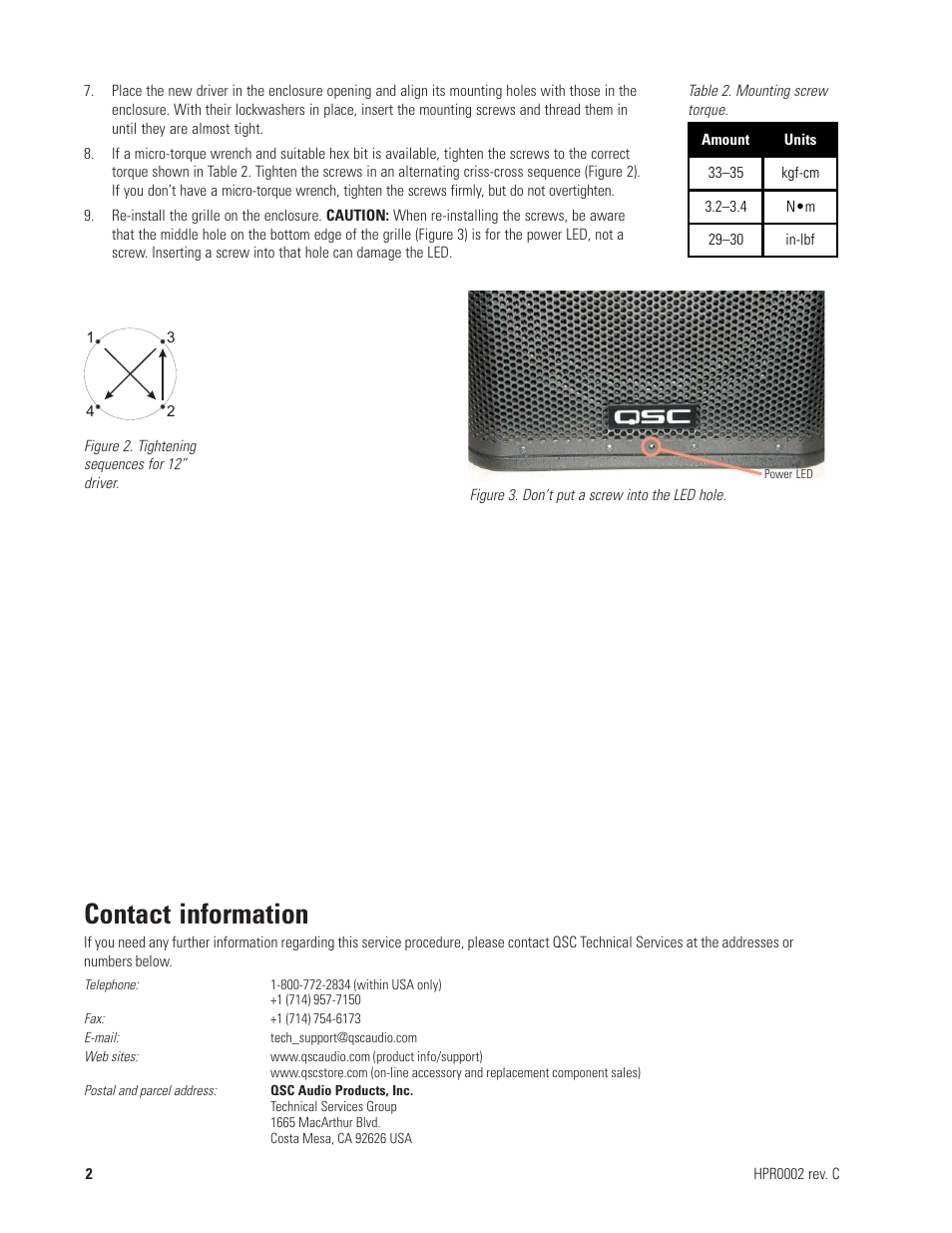 Contact information | QSC Audio HPR0002 User Manual | Page 2 / 2