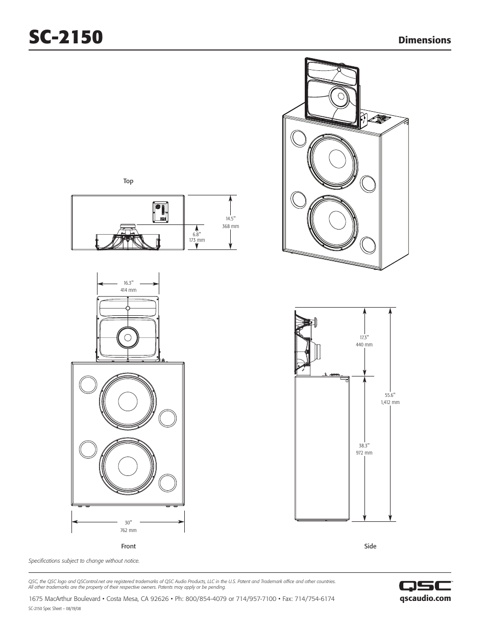 Sc-2150, Dimensions | QSC Audio SC-2150 User Manual | Page 2 / 2