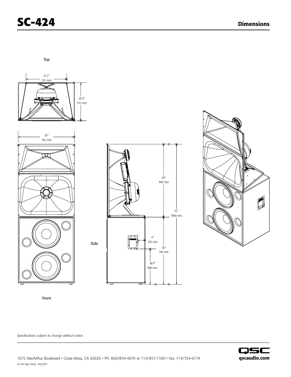 Sc-424, Dimensions | QSC Audio SC-424 User Manual | Page 2 / 2