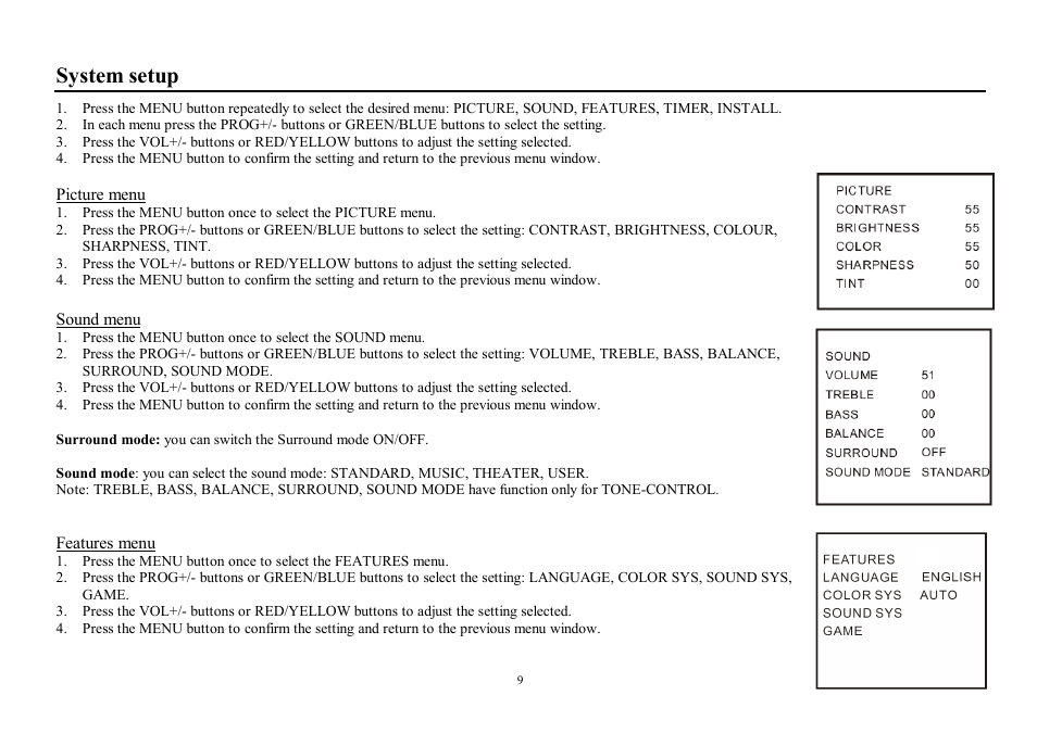 System setup | Hyundai H-TV2110SPF User Manual | Page 9 / 29