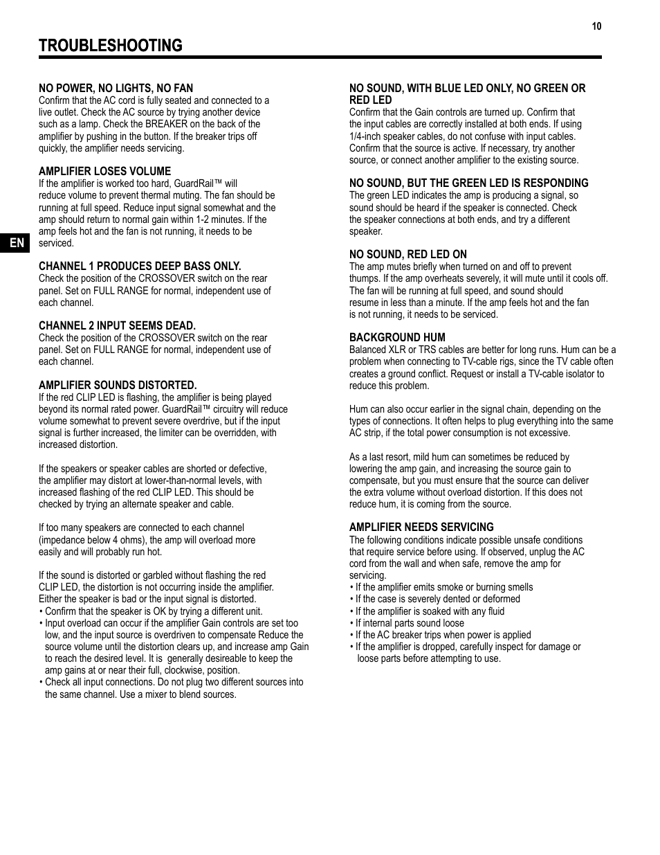 Troubleshooting | QSC Audio TD-000271-01 User Manual | Page 10 / 12