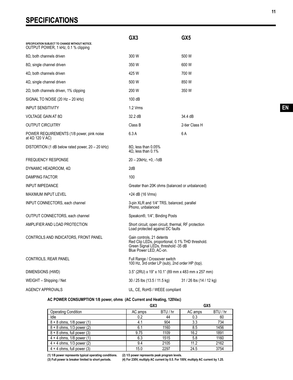 Specifications, En gx3 gx5 | QSC Audio TD-000271-01 User Manual | Page 11 / 12
